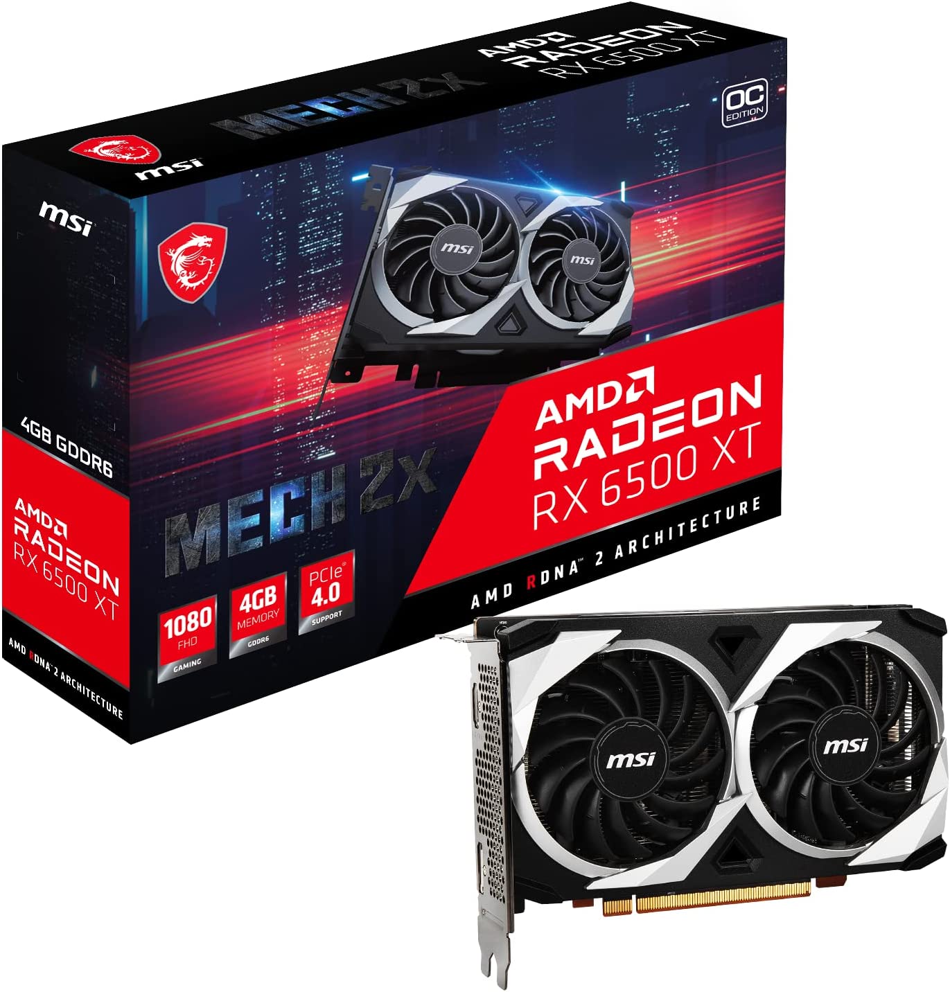 MSI Gaming AMD Radeon RX 6500 XT 64-bit 4GB GDDR6 DP/HDMI PCIe 4 Torx Twin Fans FreeSync DirectX 12 VR Ready OC Graphics Card (RX 6500 XT MECH 2X 4G OC)